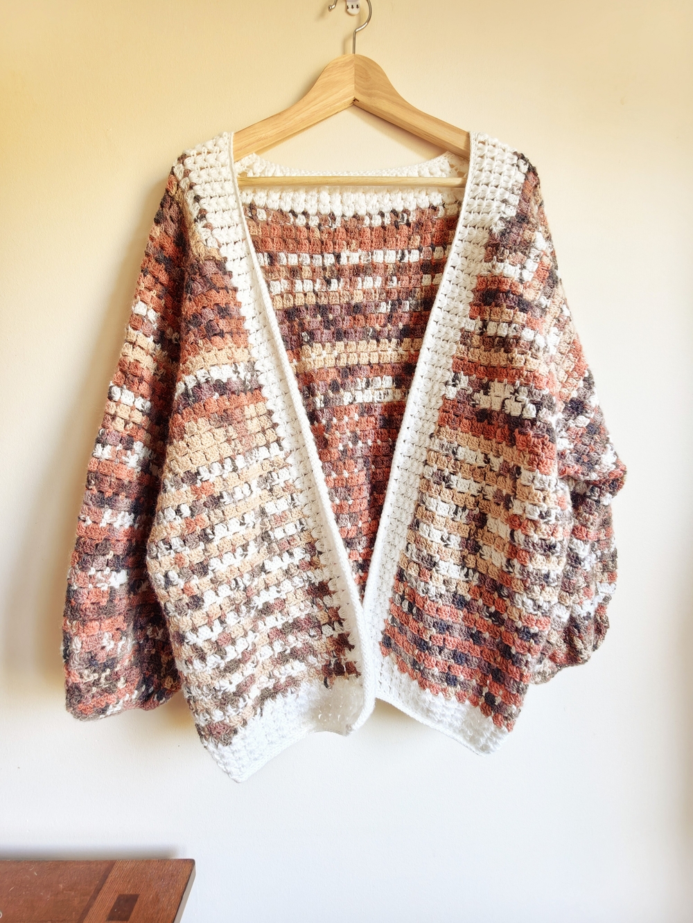 Chunky Open-Front Crochet Cardigan, Cream & Rust Stripes, Handmade Boho Sweater